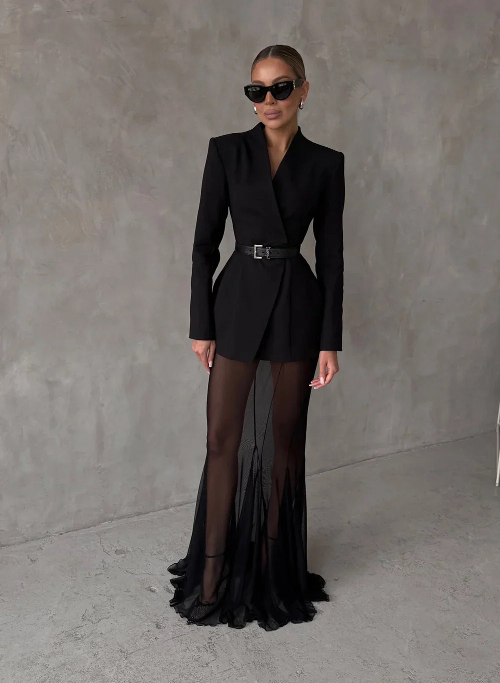 סט שני חלקים אלגנטי בלייזר וחצאית מקסי שיפון - אנסטסיה